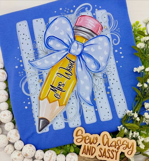 Pencil w/big heart bow and striped background