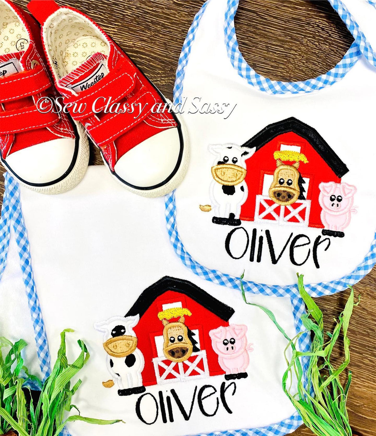 Farm applique bib and burp set
